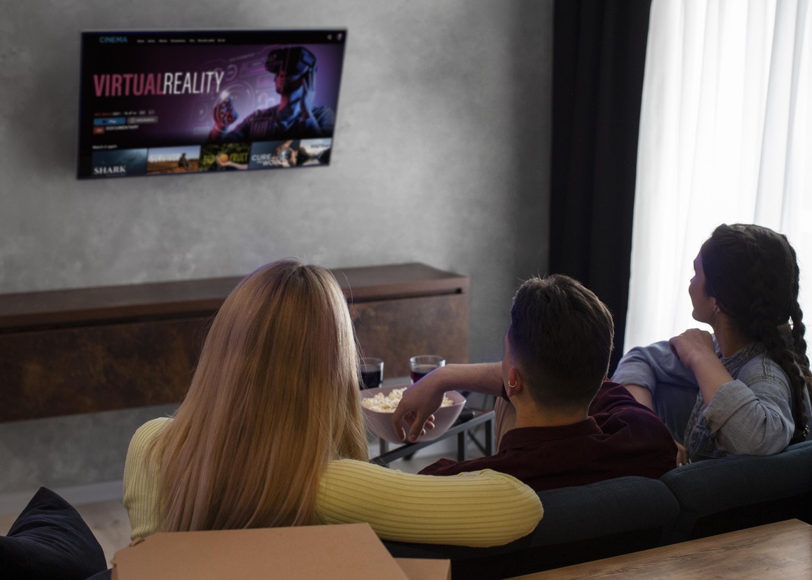 Drie personen kijken samen op de bank naar een IPTV-scherm met virtual reality-content, omringd door snacks en drankjes.