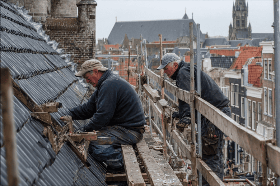 Dakdekkers aan het werk bij een dakrenovatie