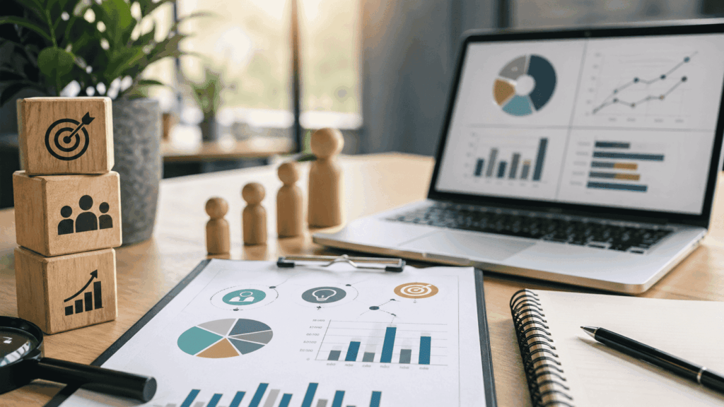 Analyse en KPI-overzicht voor een eenmalig marketingplan op laptop en documenten