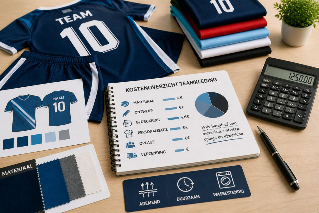 Kostenoverzicht van gepersonaliseerde teamkleding met materialen, ontwerp, bedrukking en calculator op tafel