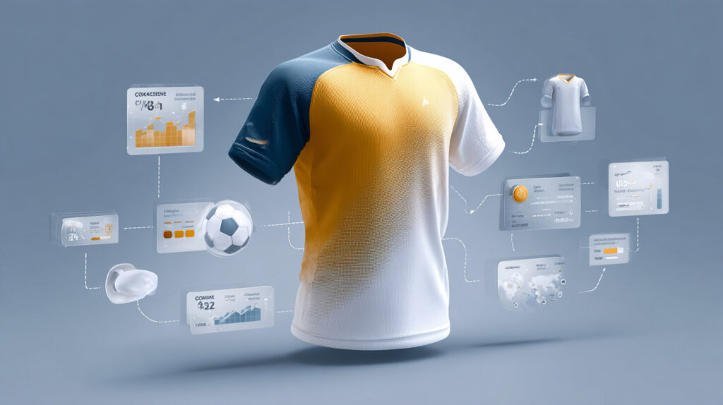 Modern sportshirt met visualisatie van ontwerp en technologie bij gepersonaliseerde teamkleding