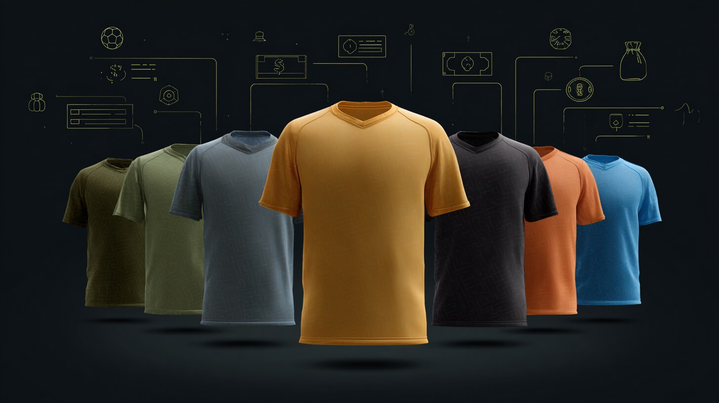 Verschillende stijlen gepersonaliseerde teamkleding in diverse kleuren en materialen op donkere achtergrond