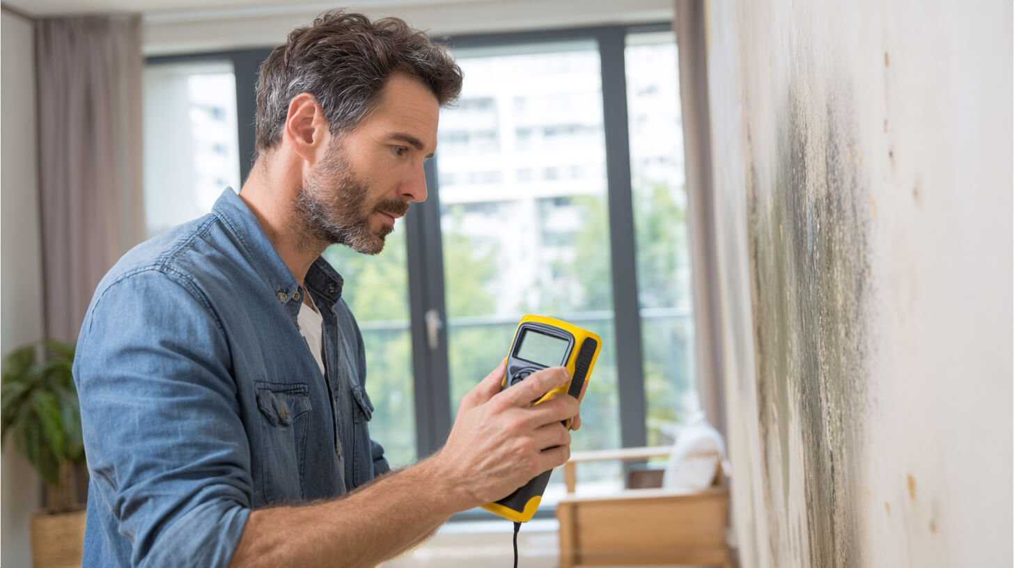 Inspectie van vochtige muur tijdens waterschade herstel met een vochtmeter en zichtbare schimmelvorming.