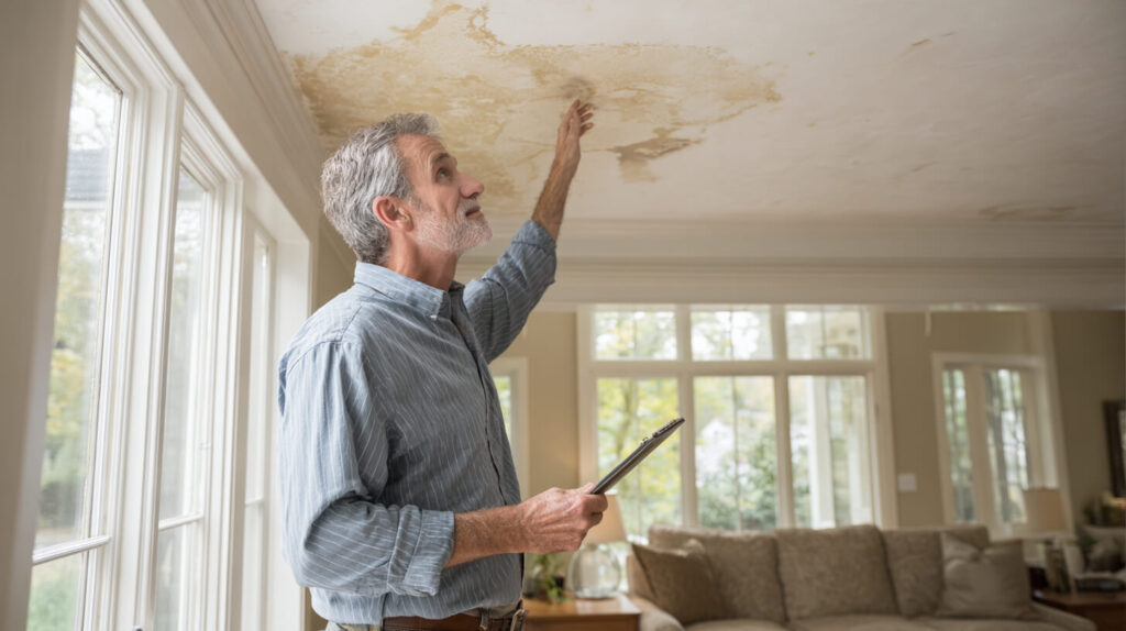 Controle van een beschadigd plafond met vochtplekken als onderdeel van waterschade herstel.