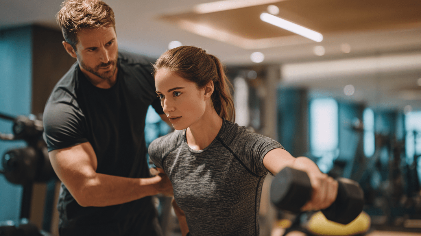 Persoonlijke begeleiding tijdens personal training met een oefening voor schouders en stabiliteit.