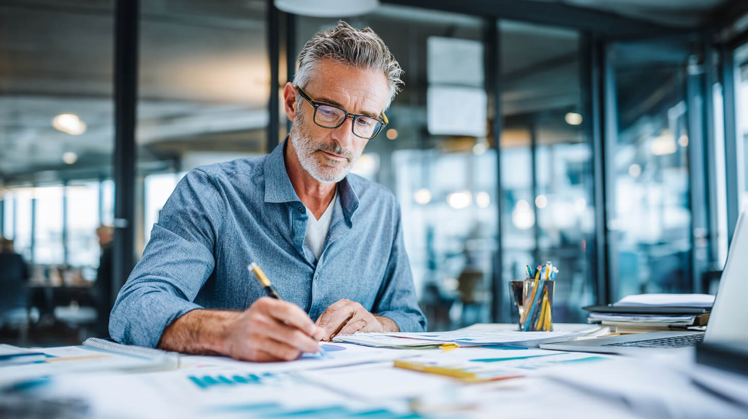 Externe specialist bedrijfscontrole analyseert financiële gegevens en rapportages op kantoor.