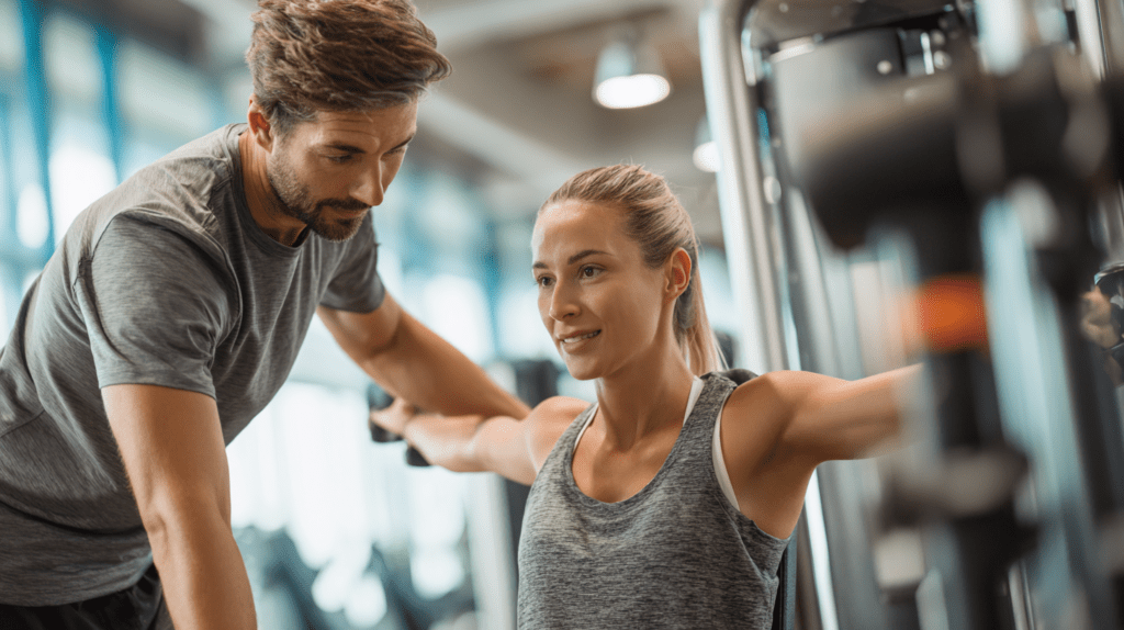 Trainer begeleidt een sporter tijdens personal training op een fitnessapparaat.