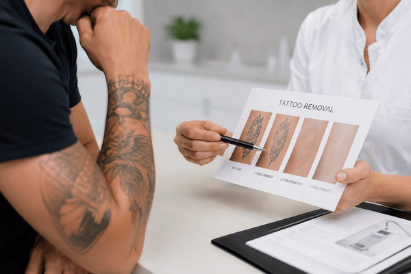 Tatoeage verwijderen besproken tijdens een consult met specialist die behandelresultaten en verwachte sessies toelicht