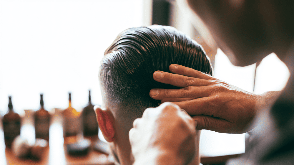 barbier voegt de finishing touch toe aan het kapsel van een klant