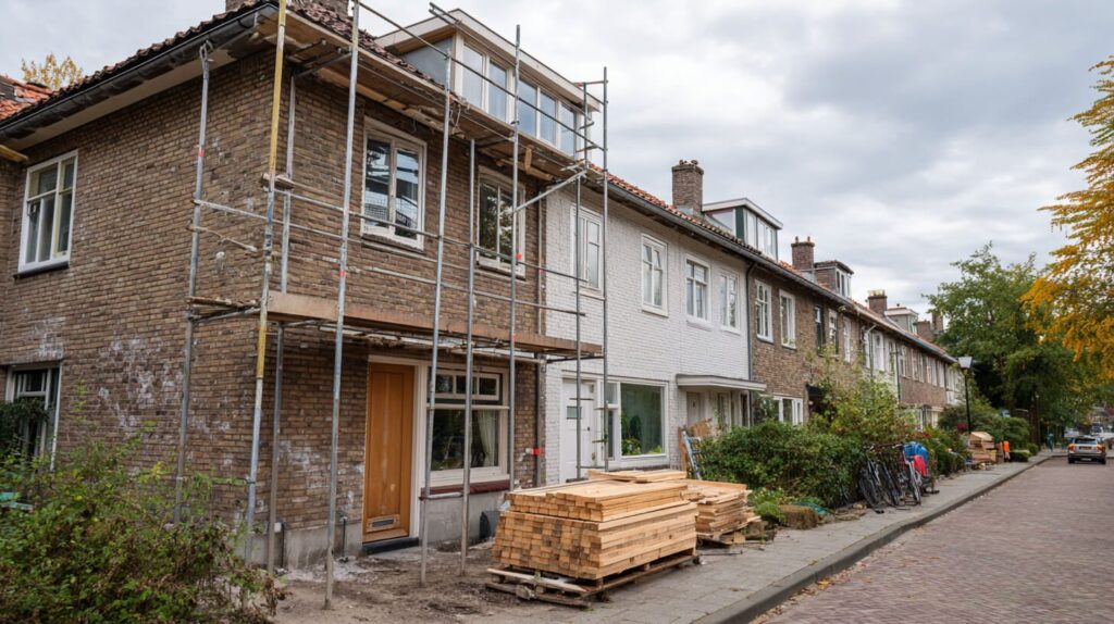 Rijtjeshuis met steigers en bouwmaterialen op straat tijdens een grondige woningrenovatie