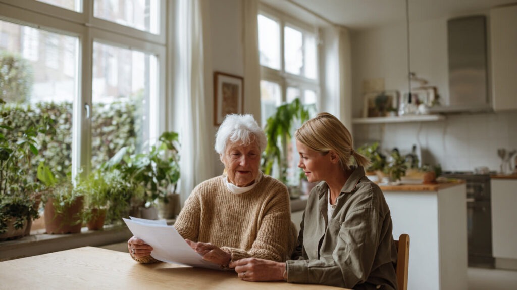 Oudere vrouw bespreekt samen met een thuishulp de zorgpapieren aan de keukentafel in een lichte woonkamer