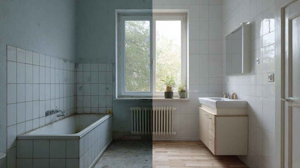 Verouderde badkamer met versleten tegels naast een volledig gerenoveerde badkamer met moderne wastafel en spiegelkast