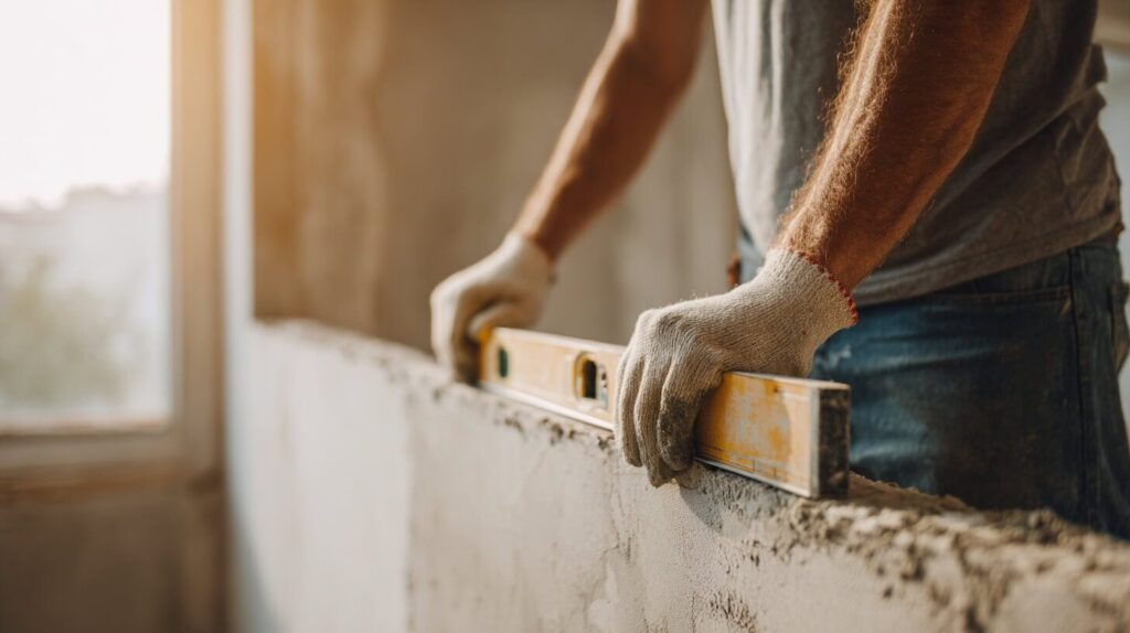 Bouwvakker met werkhandschoenen die een waterpas gebruikt om een pas gestuukte muur te controleren tijdens een renovatie