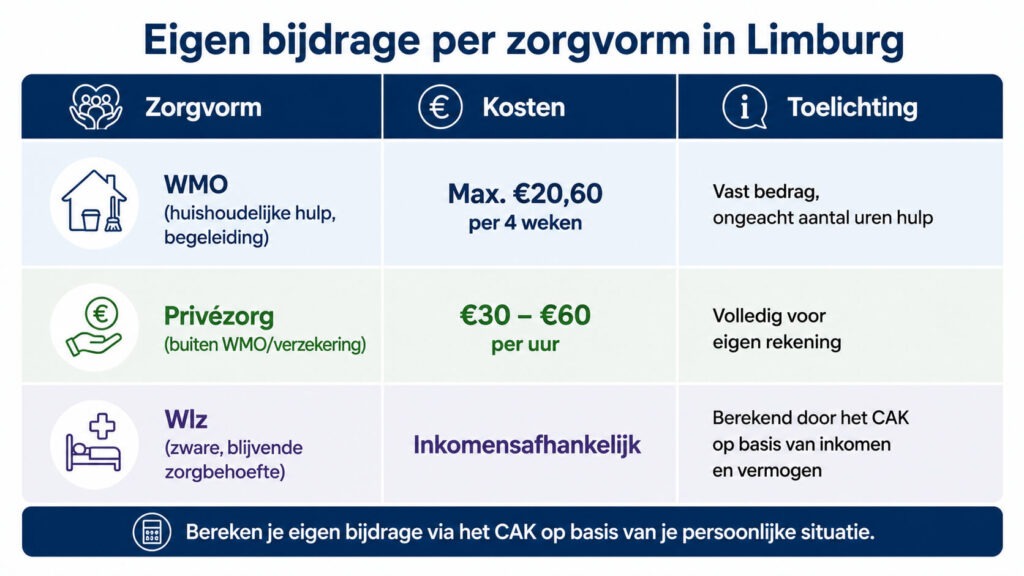 Infographic met een overzicht van de eigen bijdrage per zorgvorm in Limburg, met WMO, privézorg en Wlz naast elkaar