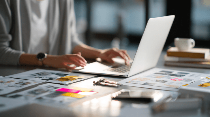 Marketingprofessional werkt aan een rebranding met laptop, ontwerpen en communicatiemiddelen.