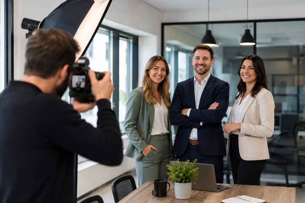 collega's poseren voor de camera zakelijke fotoshoot