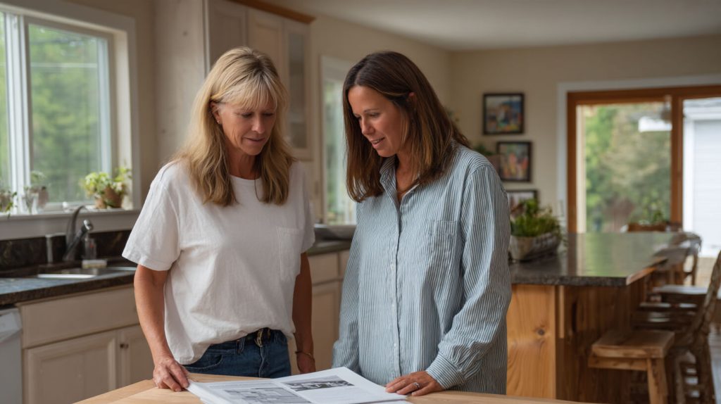 Twee vrouwen bekijken samen een bouwkundig rapport aan de keukentafel na een woningkeuring