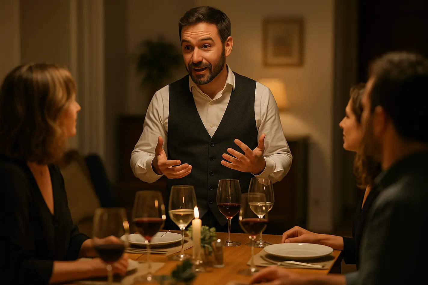 Sommelier thuis ontvangen: man in gilet gebaart expressief naar gasten aan tafel