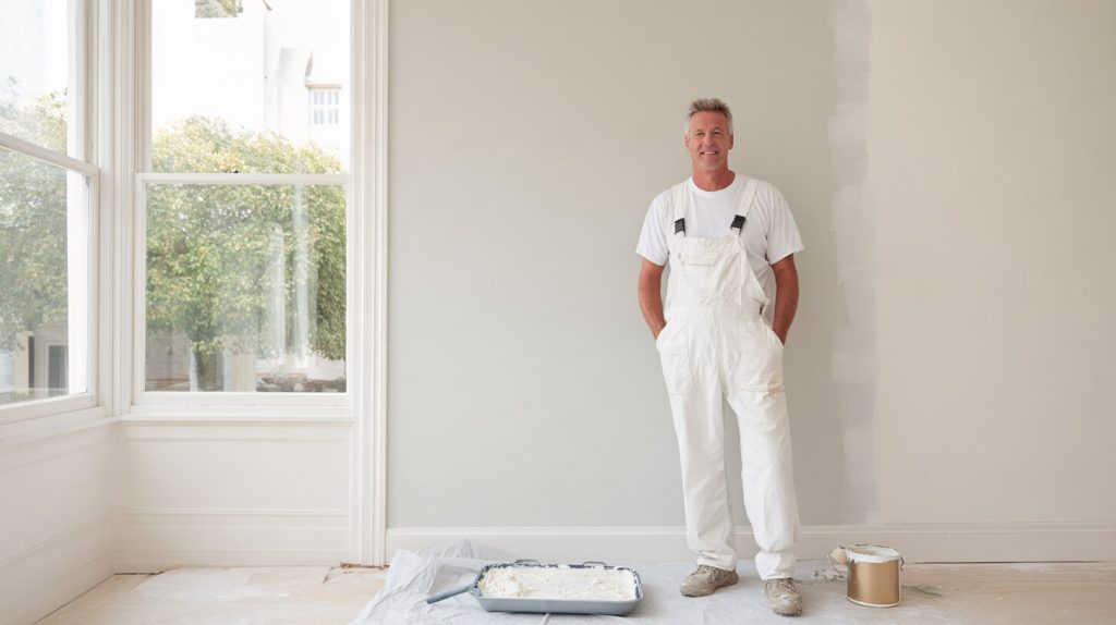 Schilder in witte overall staat naast een halfgeschilderde binnenmuur, met verfbak en roller klaar voor gebruik