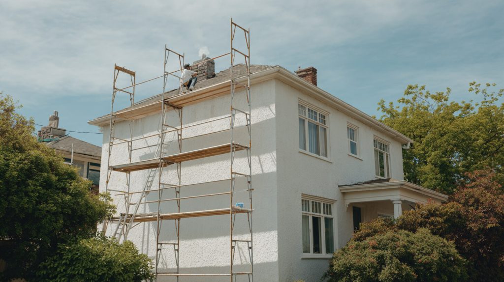 Schilder werkt op een steiger aan de bovenkant van een wit geschilderde buitengevel van een vrijstaande woning